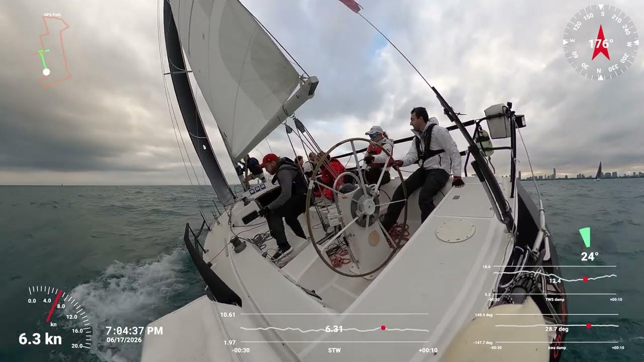 Sivka sailing CCYC A5 in strong breeze with race-data overlays